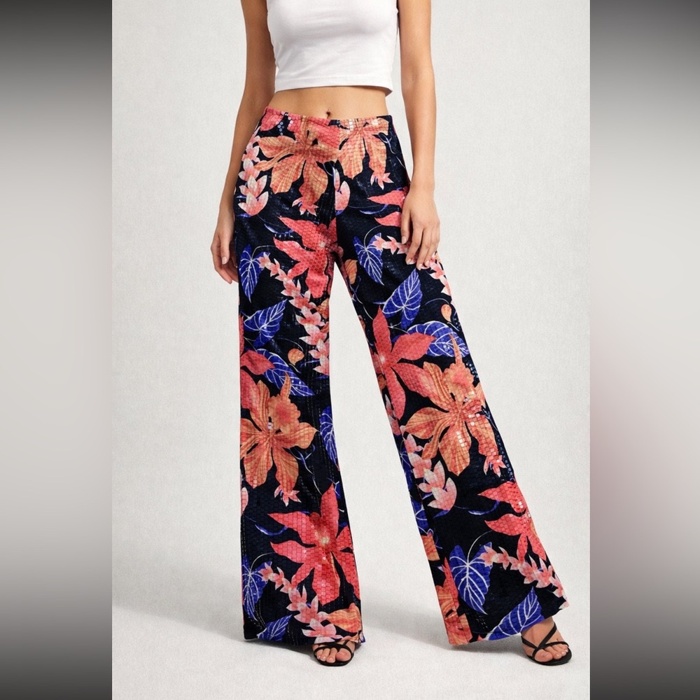 Cache Floral Wide Leg Pants Size 4 Black Red Tropical Print NWT